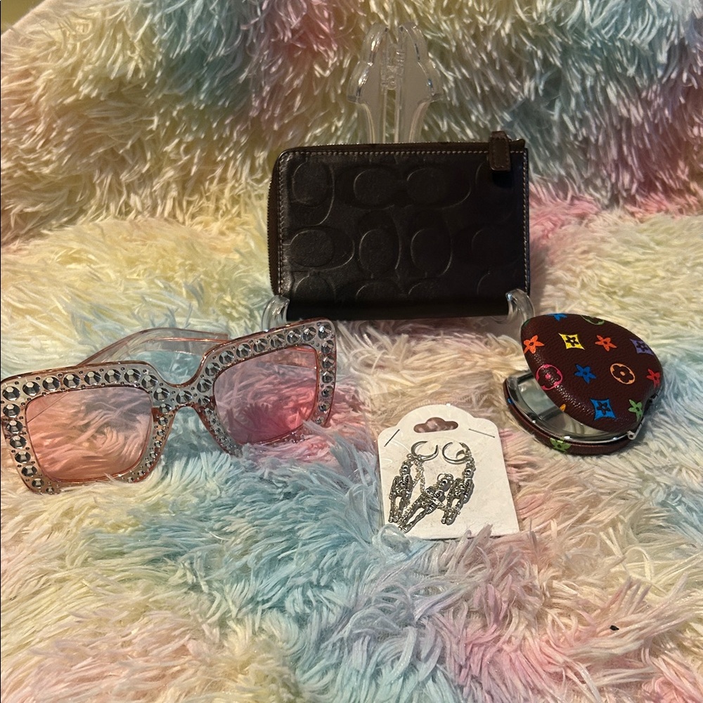 Coach Brown Wallet Free Pink Glasses, Heart Mirror & Skeleton Chain Earring set